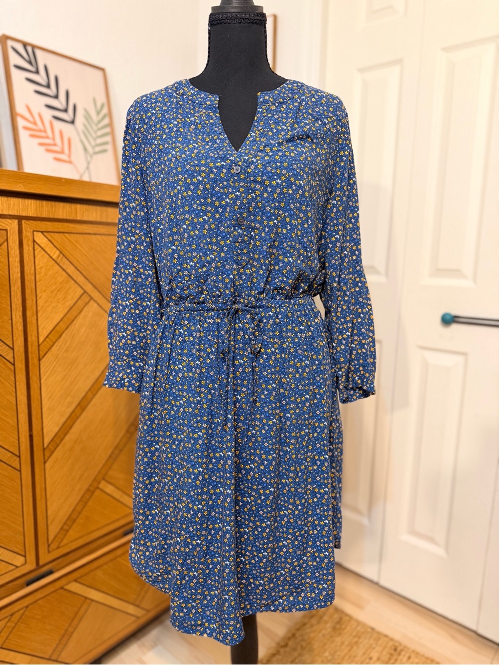 LOFT Blue Ditsy Floral Drawstring Dress M
